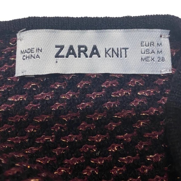 Zara Knit Sheath Dress Metallic Long Sleeves Crew Neck  Black Maroon Gold Medium - Picture 7 of 8